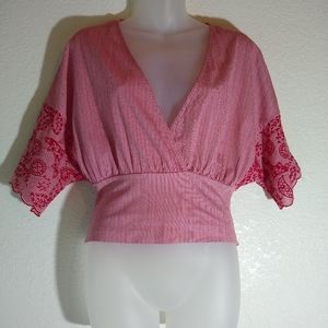 Zara red white striped top shirt blouse embroidery